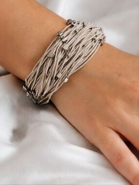Multi Strand Waxed Cord Bracelet Silver Bead Layered Stack Heart Clasp Boho Chic